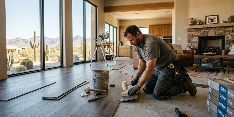 Professional luxury vinyl plank flooring installation in a modern Arizona living room