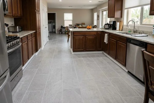 Kitchen floor replacement with porcelain tile