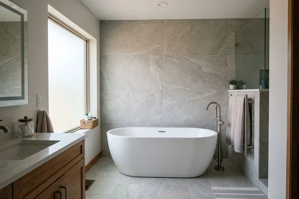 Modern bathroom remodel with large format tile
