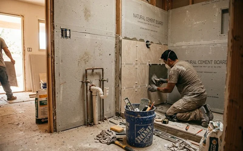 Bathroom remodel in progress with tile installation and plumbing work