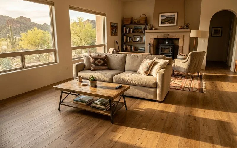 Living room with luxury vinyl plank flooring showing realistic wood grain pattern