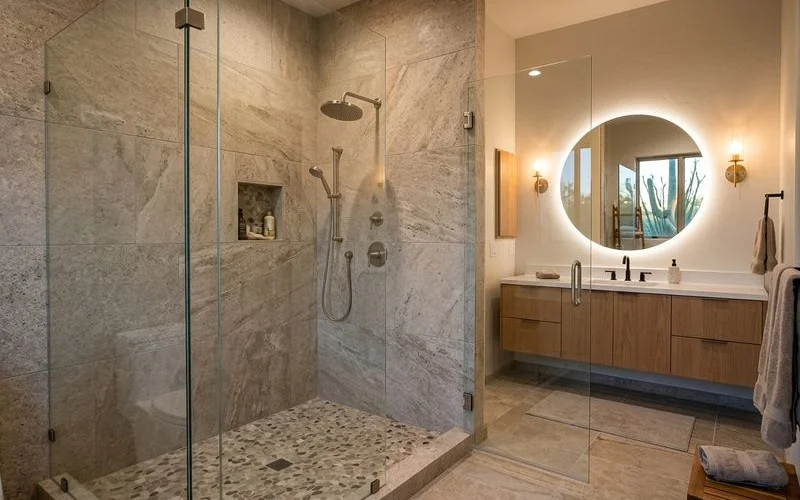 Newly remodeled modern bathroom with walk-in shower and contemporary tile