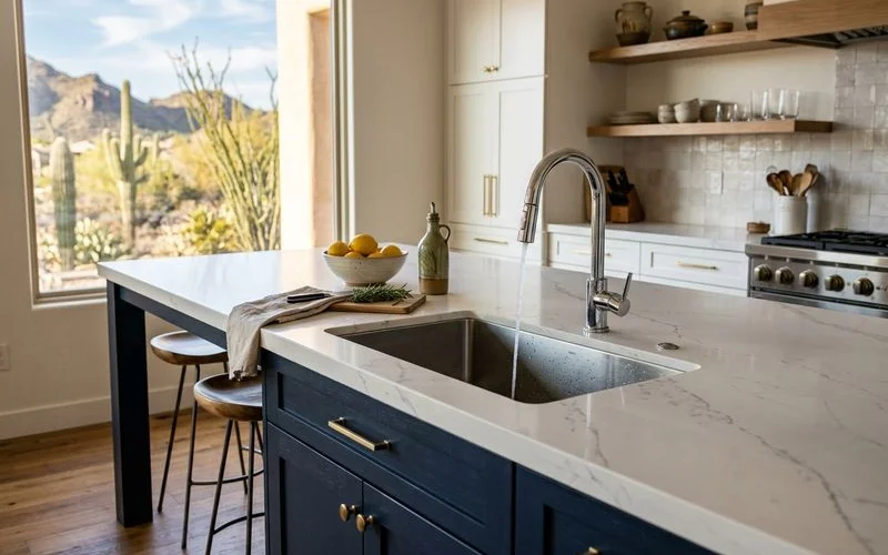 White quartz countertop with subtle veining on kitchen island
