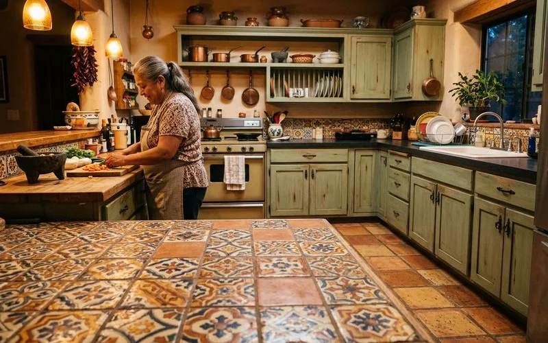 Decorative ceramic tile floor in traditional Arizona kitchen