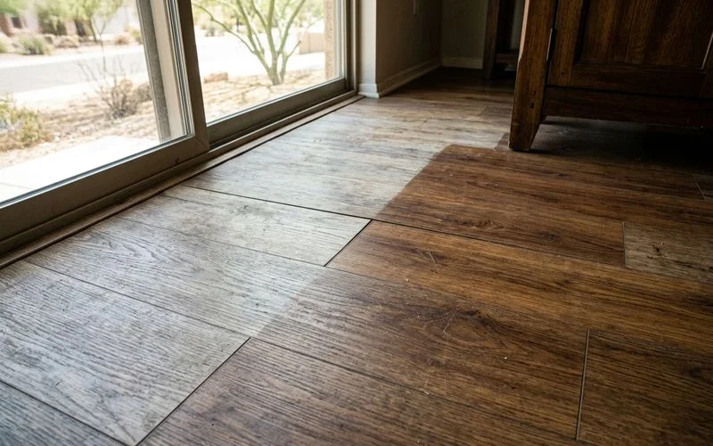 Comparison of sun-faded flooring versus protected area showing UV damage