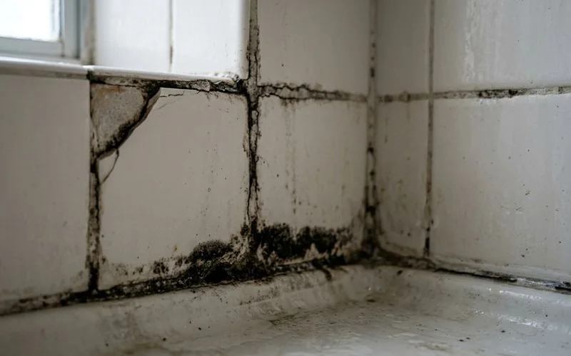 Cracked grout and mold growth between bathroom shower tiles