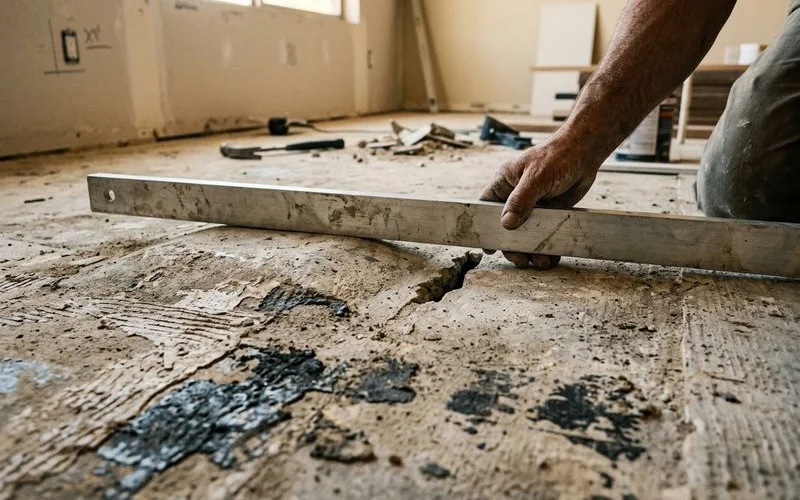 Uneven concrete subfloor with old adhesive residue needing preparation