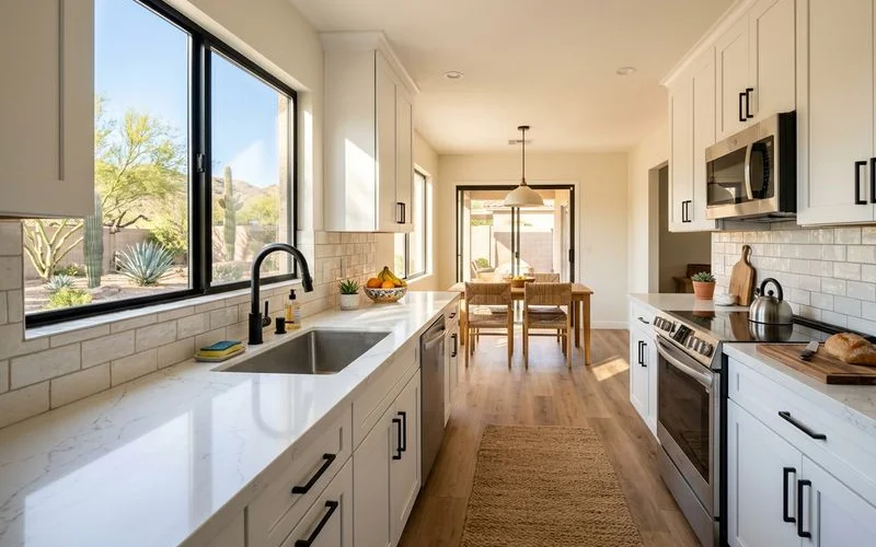 Completed kitchen remodel with quartz countertops and tile backsplash