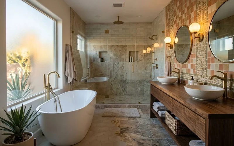 Completed luxury master bathroom with freestanding tub and custom shower