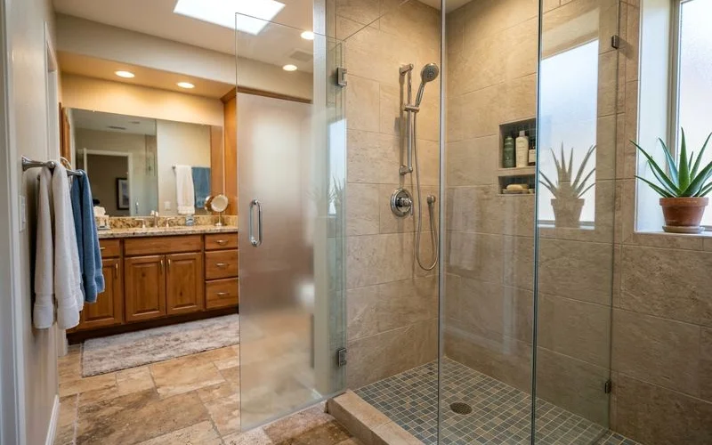 Completed tub-to-shower conversion with frameless glass and modern tile