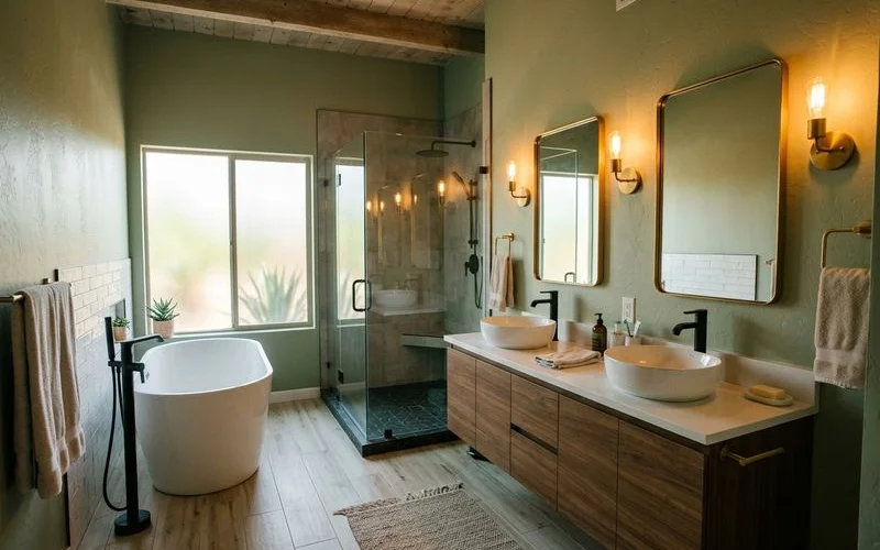 Full bathroom remodel with double vanity, freestanding tub, and walk-in shower