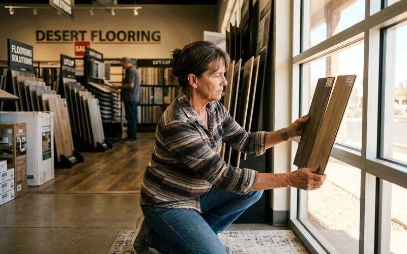 Homeowner comparing LVP samples in Phoenix area flooring store