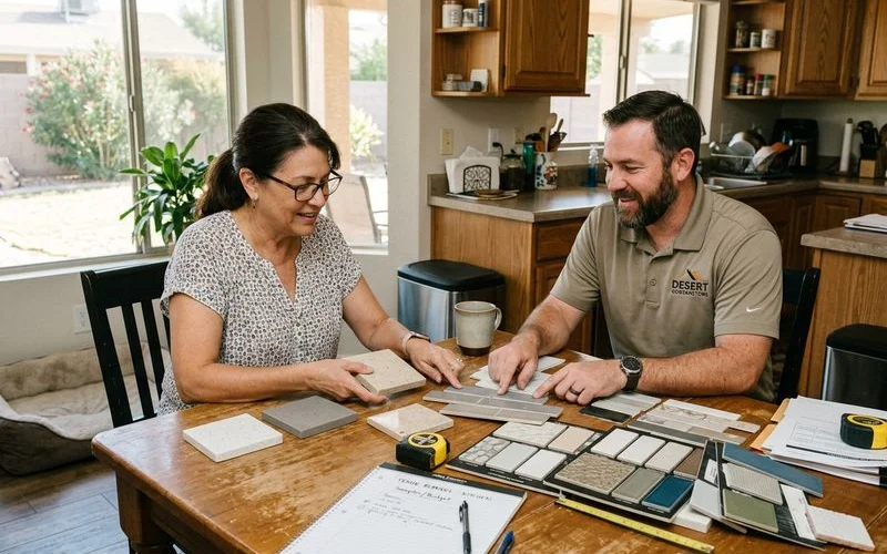 Homeowner reviewing material samples during kitchen design consultation