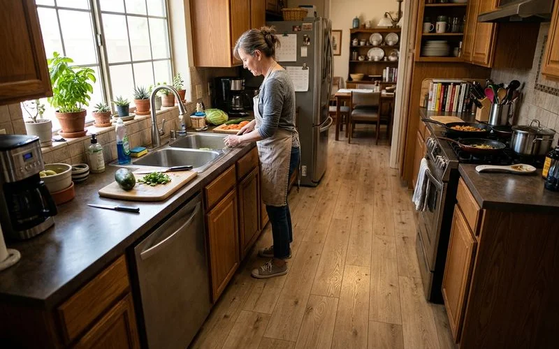 Modern kitchen with high quality laminate flooring in light oak finish