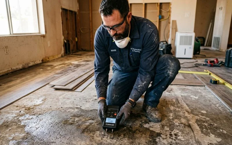 Moisture meter reading on concrete subfloor after water damage