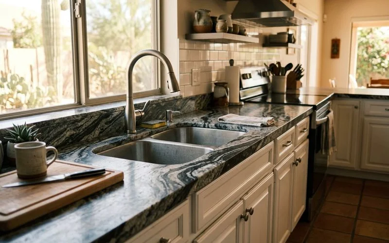 Natural granite countertop with unique mineral patterns on kitchen cabinets