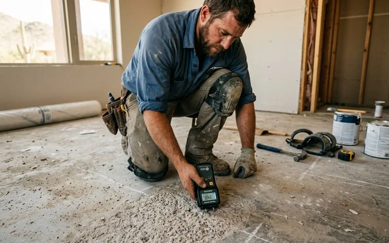 Professional installer using moisture meter on subfloor before flooring replacement
