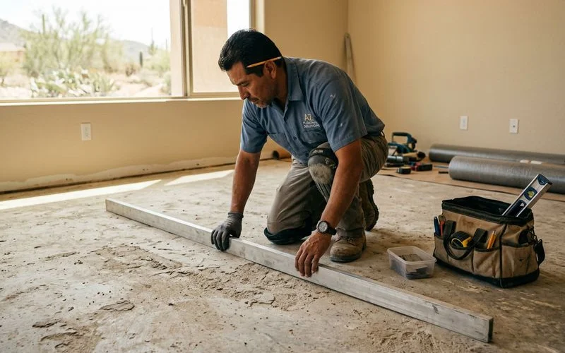 Installer checking subfloor level before installing customer-provided flooring
