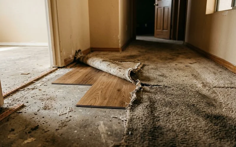 Comparison of old worn carpet versus new luxury vinyl plank flooring