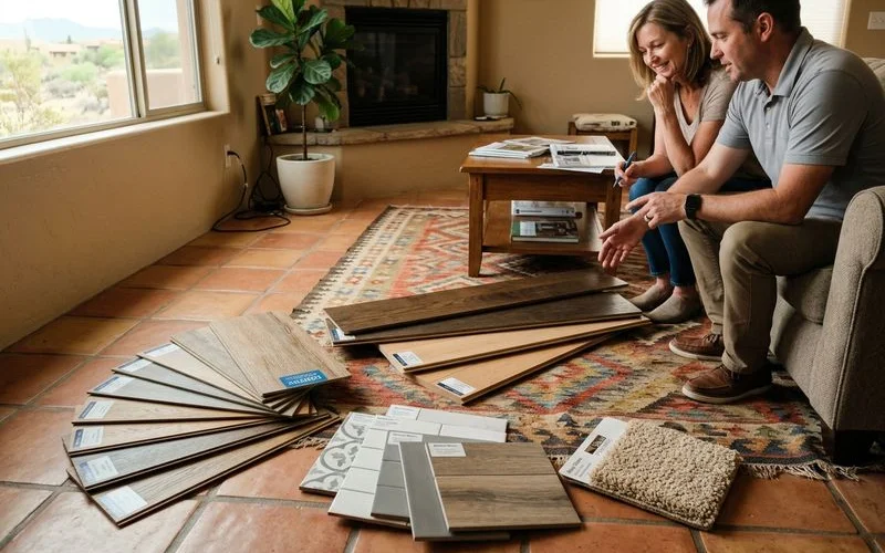 Flooring material samples including LVP, laminate, hardwood, tile, and carpet