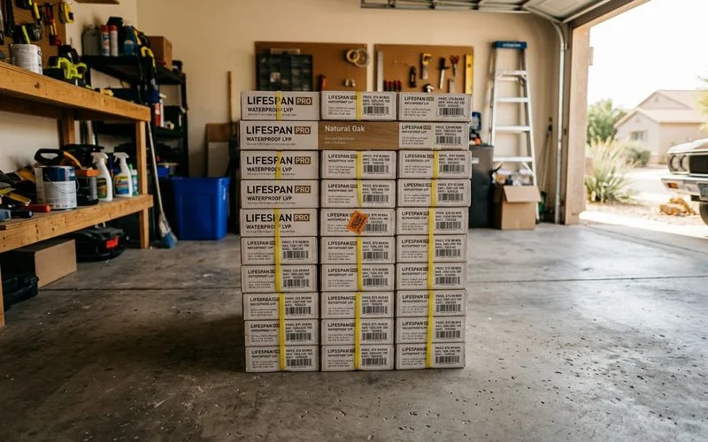Flooring material boxes in garage ready for professional installation