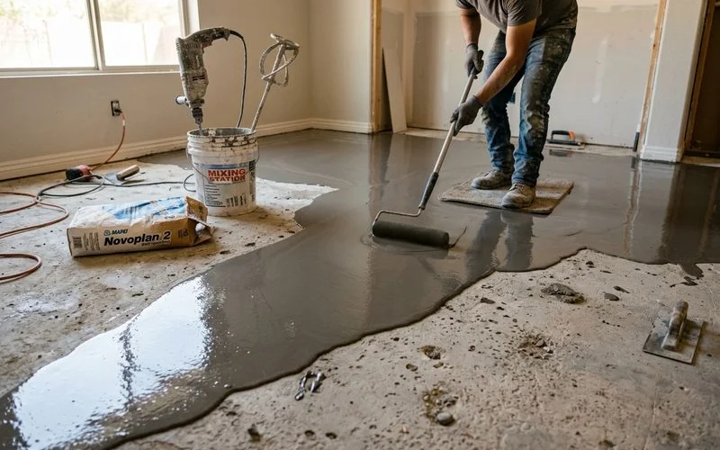 Subfloor preparation with self-leveling compound on concrete slab