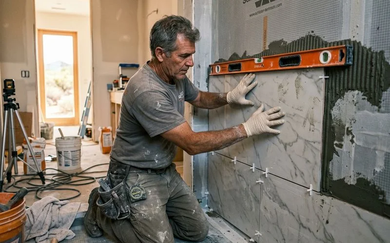 Tile installer setting large format porcelain wall tiles in custom shower