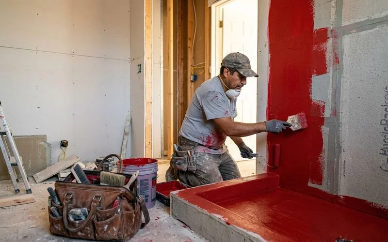 Waterproofing membrane application during custom tile shower construction