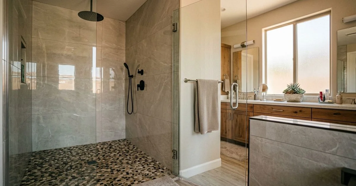 Custom tile walk-in shower with mosaic floor and large format wall tile