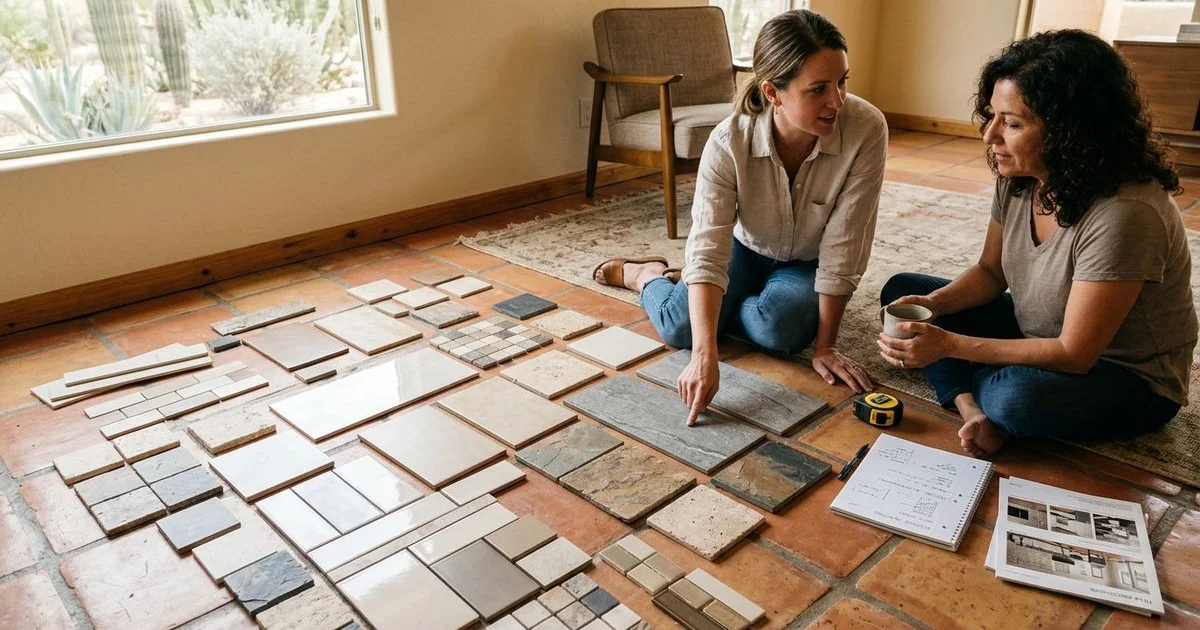Porcelain and ceramic tile samples showing different patterns and textures