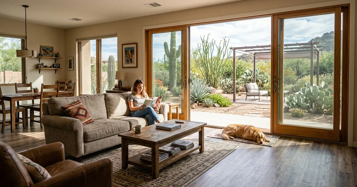 Sun-filled Arizona living room with large windows and durable flooring