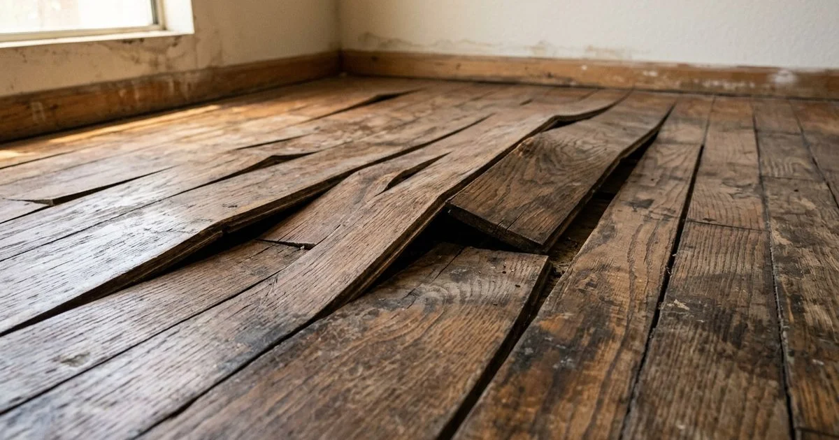 Damaged warped hardwood flooring with visible gaps and buckling in an Arizona home