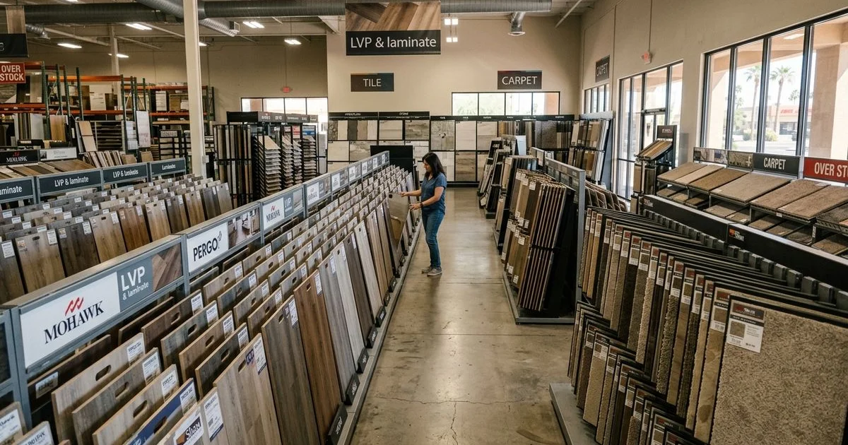 Interior of flooring retail showroom with material samples on display