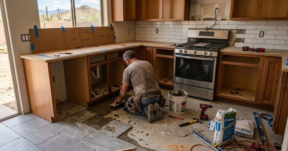Kitchen remodeling project in progress with new flooring and countertop installation