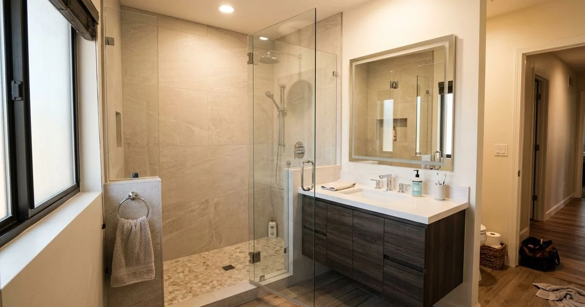 Modern remodeled bathroom in Tempe Arizona home with custom tile shower