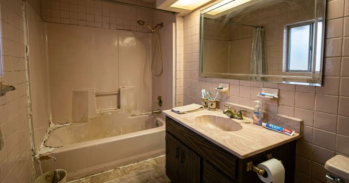 Outdated 1990s bathroom with worn tile and dated fixtures needing renovation