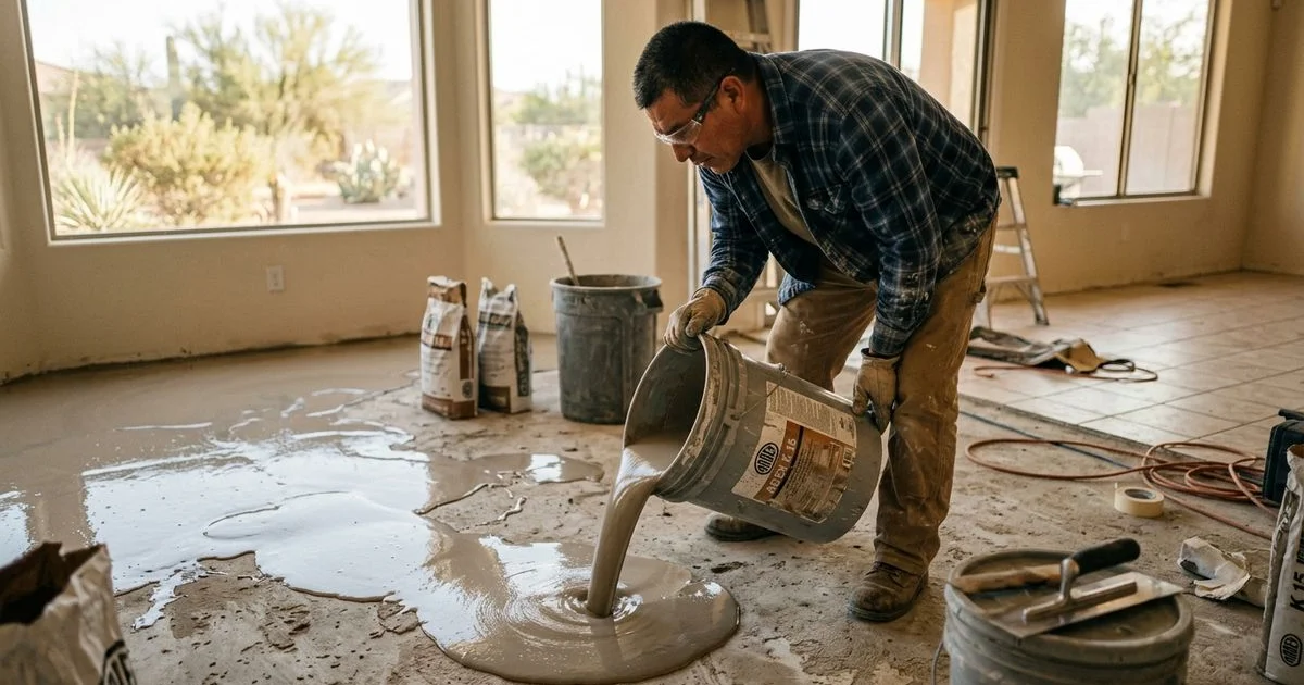 Contractor pouring self-leveling compound on concrete subfloor during floor prep