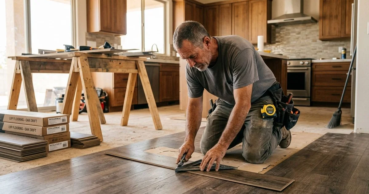 Professional flooring installer measuring and cutting material in an Arizona kitchen