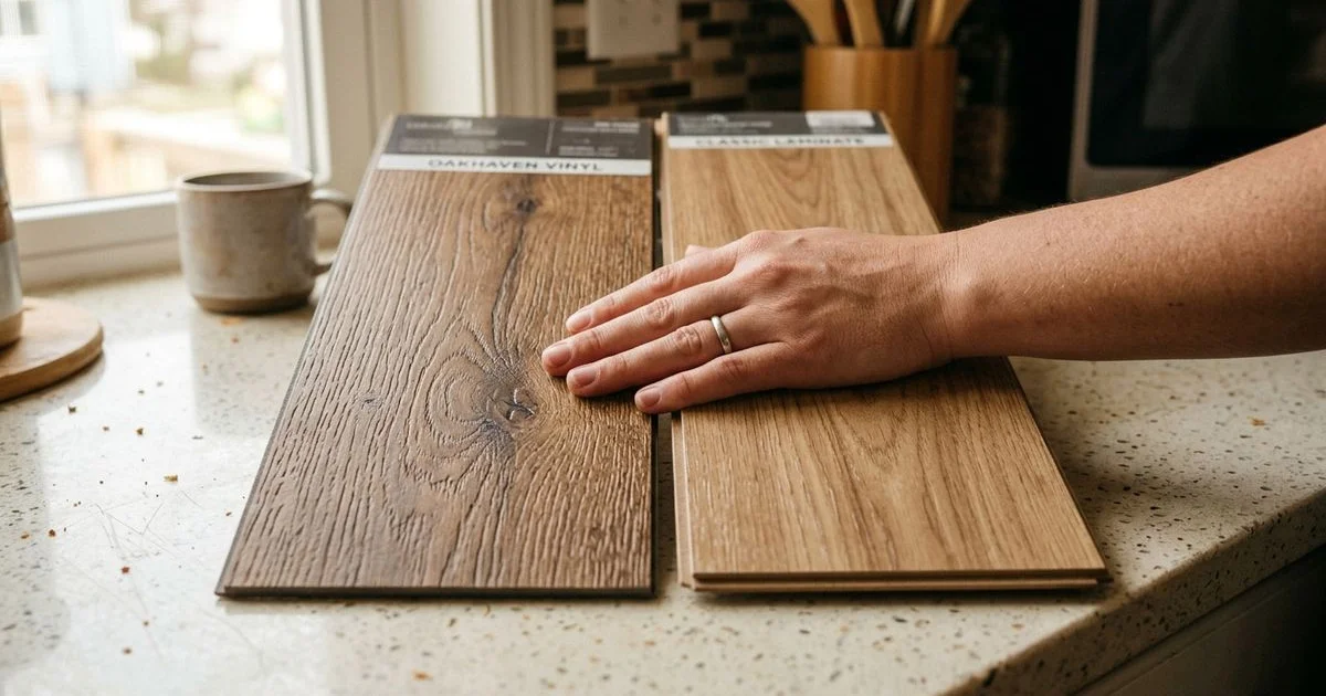 Side by side comparison of luxury vinyl plank and laminate flooring samples