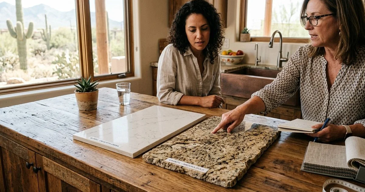 Side by side comparison of quartz and granite countertop samples