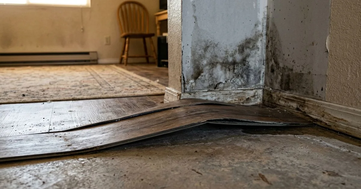 Water damaged flooring with warped buckled planks from plumbing leak