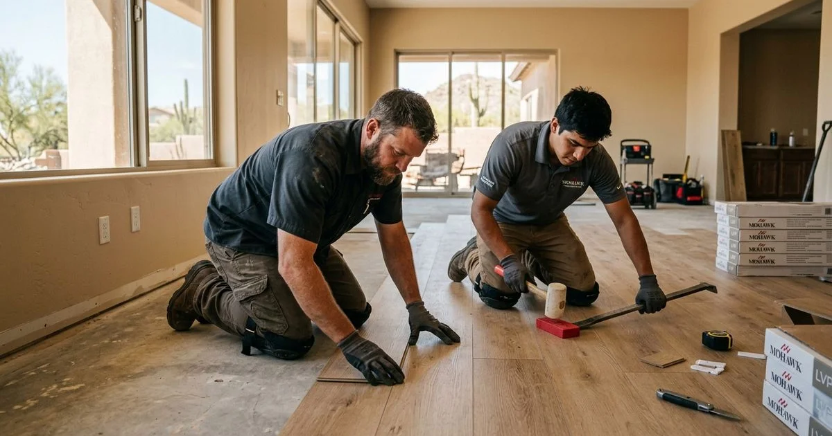 Flooring installation crew working on LVP flooring in an open concept Arizona home