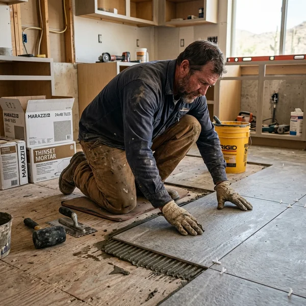 Professional flooring installer laying porcelain tile in a modern kitchen
