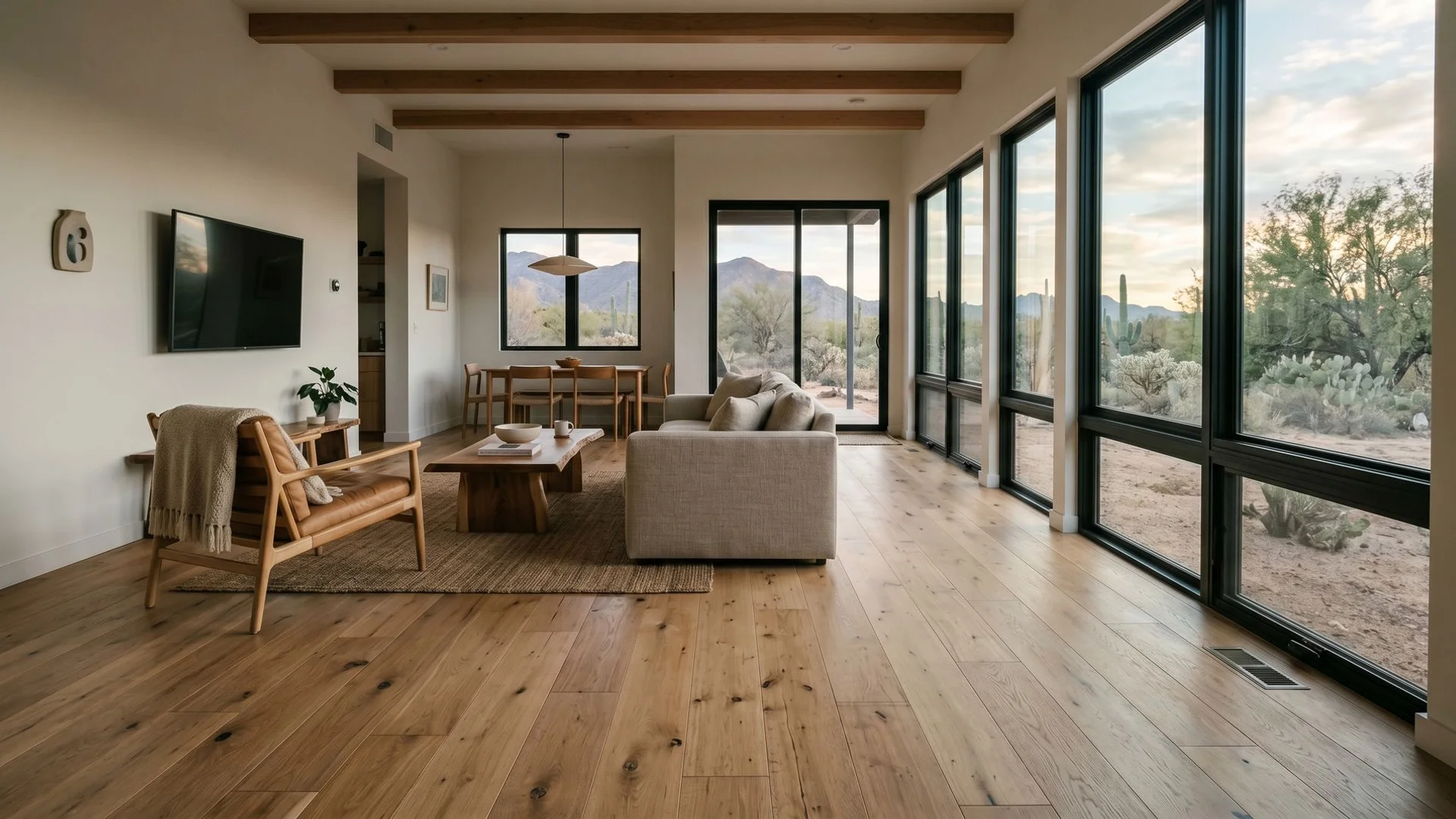 Modern living room with wide-plank hardwood floors and natural light
