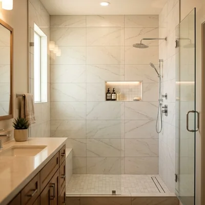 Custom porcelain tile installation in bathroom