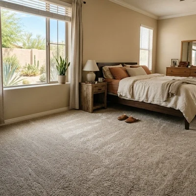 Plush residential carpet installation in bedroom